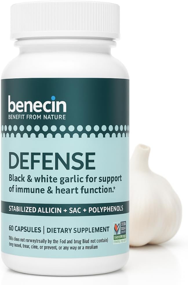 Benecin Savunma 1500 mcg Capsule başına Süreklileştirilmiş Allicin per Capsule | Plus yüksek miktarda SAC & Polyols Black Garlic | Güçlü Immune & Heart Function Vegetarian Caps (1 Count)