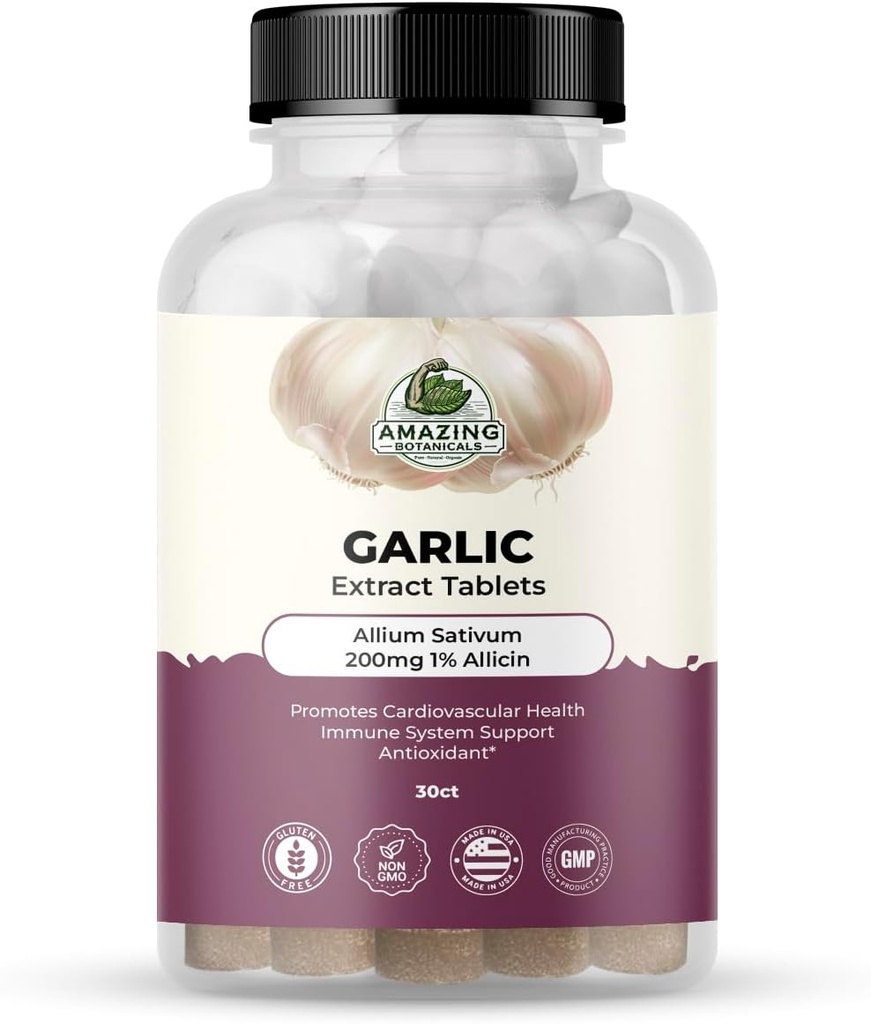 Amazing Botanicals Δισκία εκχύλισμα σκόρδου - Allium Sativum 200mg, 1% Allicin - High Potency Herbal Supplement for Wellness and Vitality - 30 Count