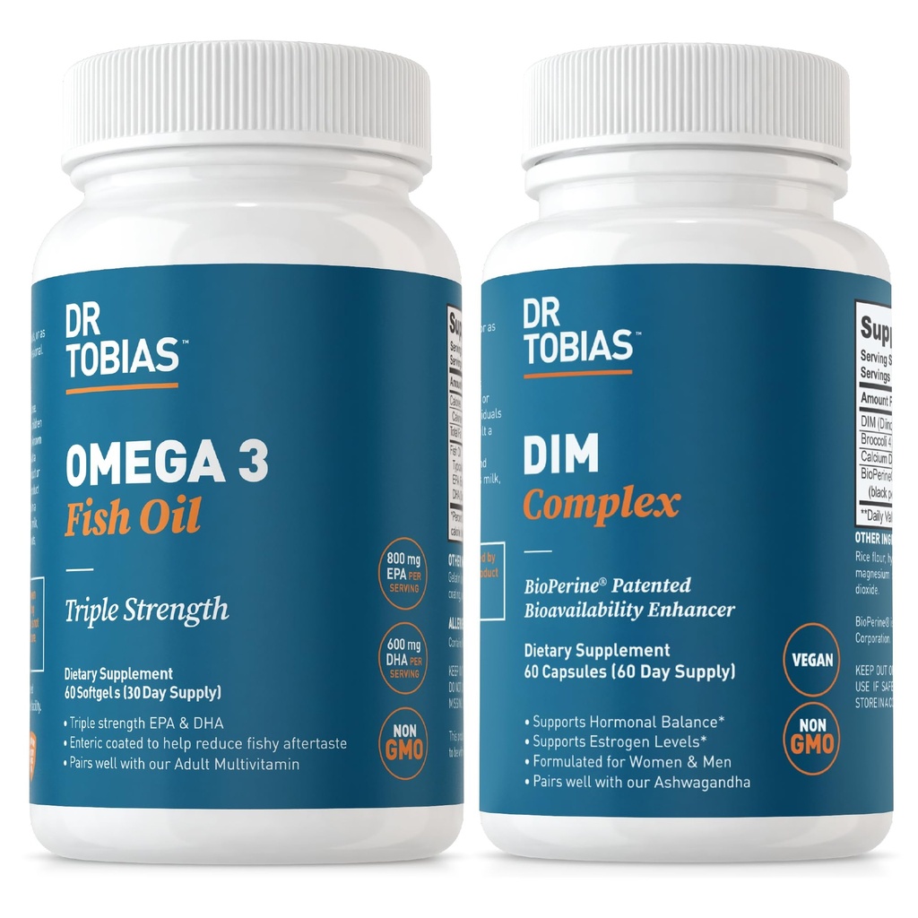 Dr. Tobias Omega 3 Fish Oil and DIM Complex Συμπληρώματα, Υποστηρίζει την καρδιά, τον εγκέφαλο ανοσοποιητική λειτουργία και την ορμονική ισορροπία για γυναίκες & άνδρες με BioPerine, Borccoli εκχύλισμα & ασβέστιο D-Glucarate, 60 κάψουλες