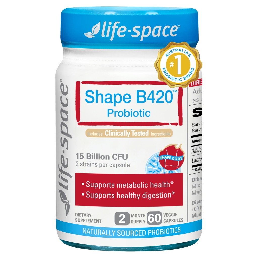 Life-Space Shape B420 Probiotics for Shape Better, GLP-1 Boost, 2 Month Serving, Clinically Backed Metabolism Support, Prebiotic + Probiotic for Women and Men, 60 Vegetarian Capsules