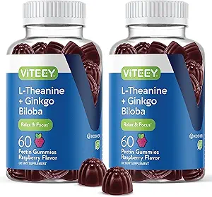 Viteey L-Theanine Gummies with Ginkgo Biloba for Adults - Βοηθήματα στο Focus & Relax, Βελτίωση Mood - Μη ΓΤΟ, Ζελατίνη Δωρεάν, Vegan, Χωρίς γλουτένη, Φυσικά πηγασμένη Μασώμενη γεύση Βατόμουρο Γεύση Gummy