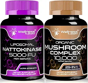 Nattokinase Supplement Capsules - 5000 FU - Enzymes from Pure Japanese Natto Extract | Organic Mushroom Supplement Capsules - 10000mg - 25 in 1 Mushroom Complex Capsules