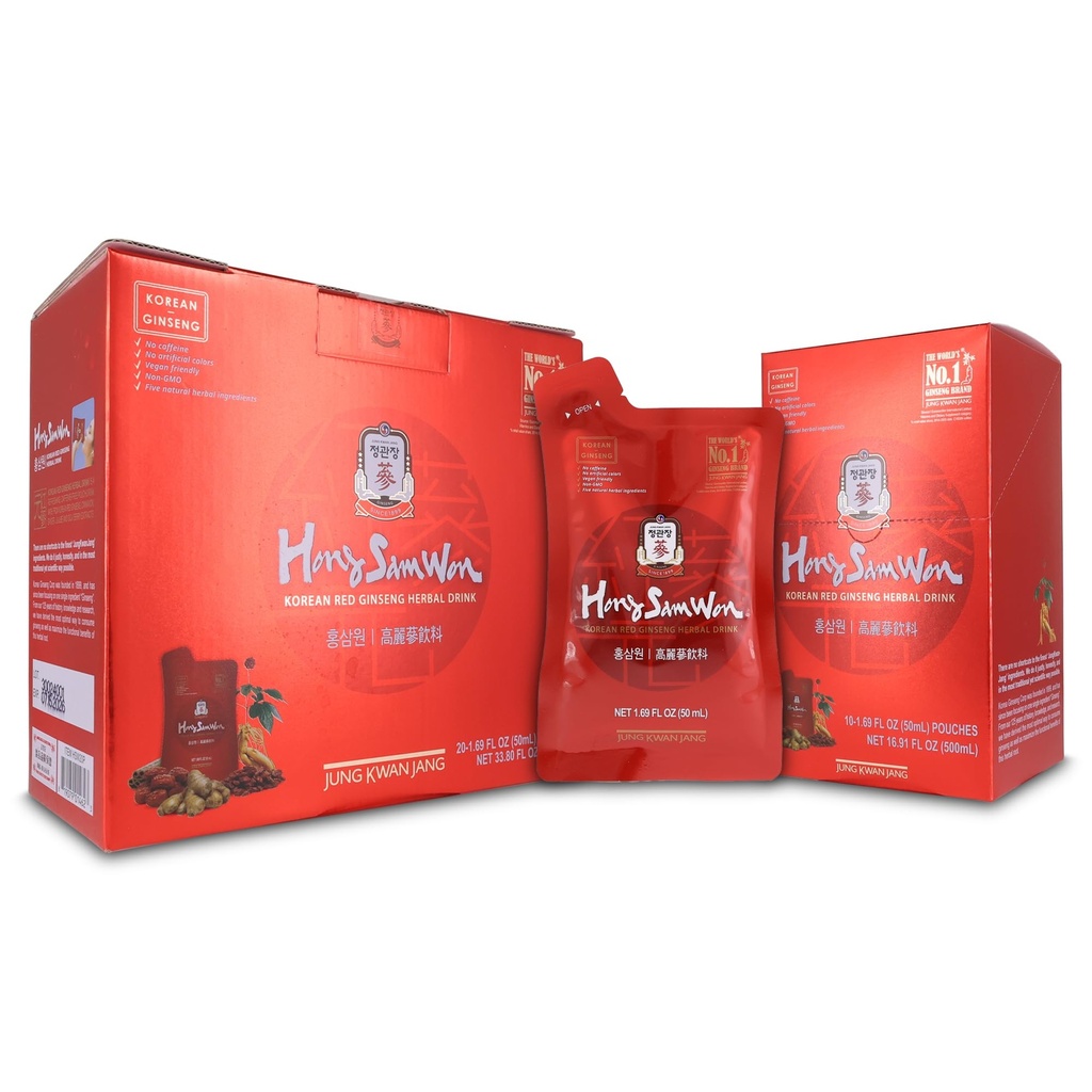 JUNG KWAN JANG HongSamWon Korean Red Ginseng Herbal Drink | Energy Drink, Pre Workout, Ginseng Supplement, Herbal Tea | Korean Red Ginseng Extract, Jujube, Ginger, Cinnamon | Vegan Friendly | 20 Count