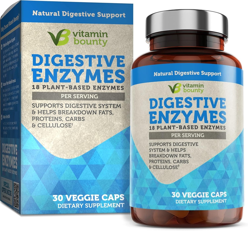 Bounty Digestive Enzymes - 18 Enzymes ile Prebiyotikler, Kadınlar ve Erkekler için Digestive Enzymes, Taze Yağlar, Proteinler ve Carbohidratlar - 30 Capsules,