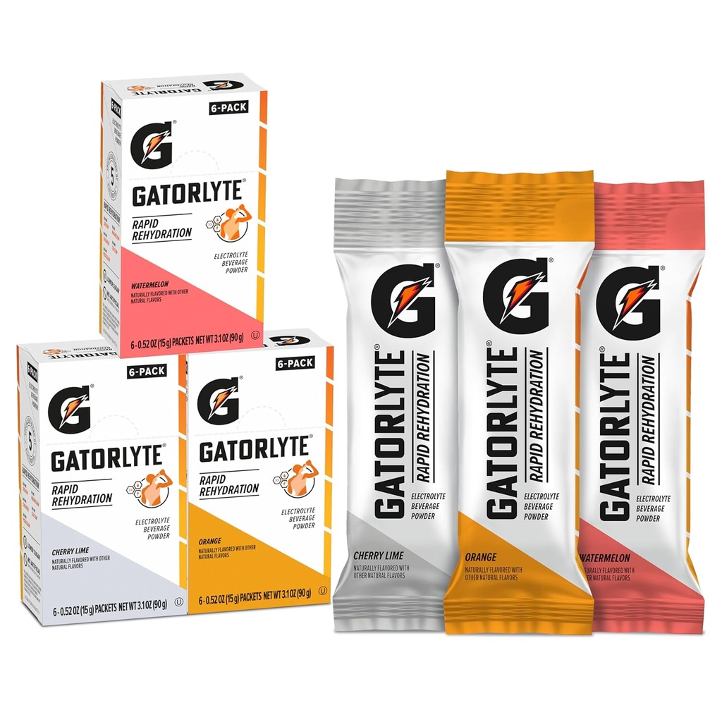 Gatorlyte Rapid Rehidr Electrolyte İçecek, Çeşitli Paket, Aşağı Şeker, Özelleştirilmiş 5 Elektrolytes, Yapay Tatlıcılar veya Flavors, 18 paket, 1 paket 1 paket 16.9oz (500 ml) su ile karıştırıyor