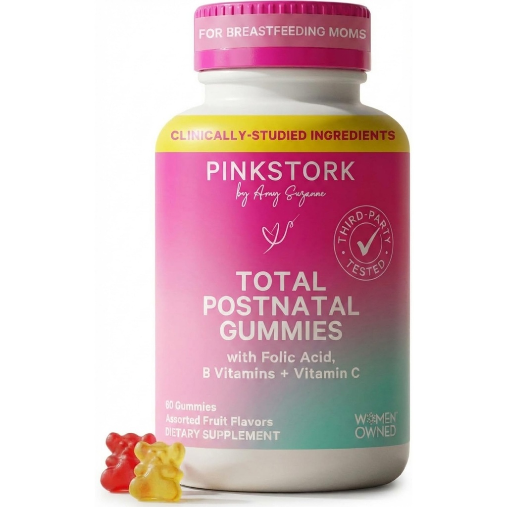 Pink Stork Total Postnatal Vitamin Gummies - Postpartum Recovery ve Lactation Support - Folic Acid, B6, & Vitamin C - Postpartum Essentials - 60 Gummy Vitamins -