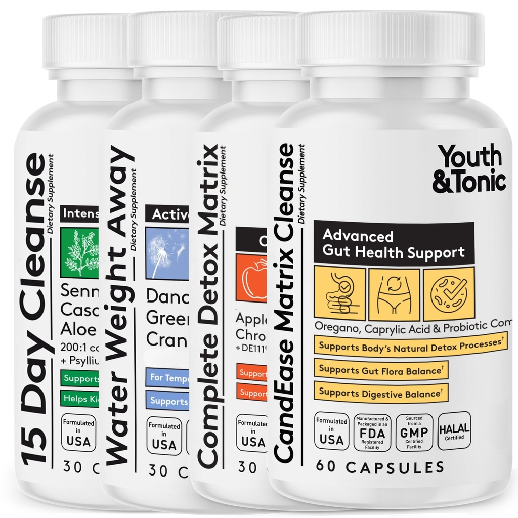 Youth & Tonic Complete Body Detox for Cleanse, Normal Asitity Gut Level ve Water Detoxing – 150 Pills