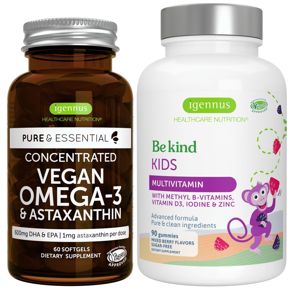 Vegan Omega-3 Algae Oil + Advanced Kids Multivitamin Gummy Bundle, High Concentration DHA & EPA + Vitamin A, B, C, D3 & E, Clean Ingredients 60 Softgels + 90 Berry Flavor Gummies, by Igennus