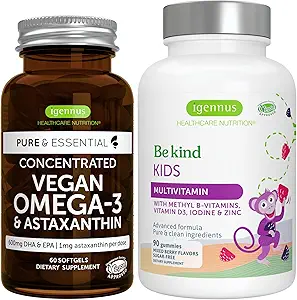 Vegan Omega-3 Algae Oil + Advanced Kids Multivitamin Gummy Sche, High Concentration DHA & EPA + Vitamin A, B, C, D3 & E, Temiz Malzemeler 60 Softgels + 90 Berry Flavor Gummies, Igennus