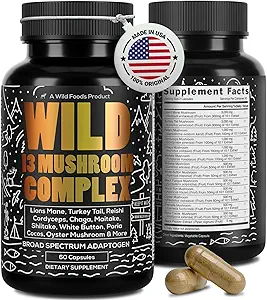 Wild Foods Premium Mushroom Supplement Complex | Mushroom Extract 13 Organic Mushrooms: Lions Mane, Turkey Tail, Reishi & More Adaptogenic Mushrooms for Energy, Brain & Immune Health (Pack of 2)