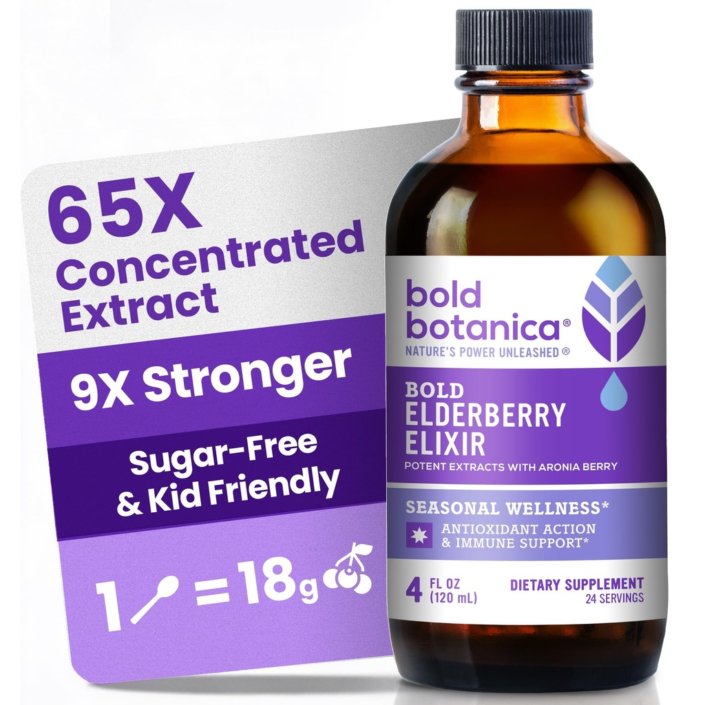 Bold Botanica Elderberry Elixir – 65X Concentrated Extract – Sugar-Free & Kid Friendly – Immune Support Elderberry Syrup for Kids & Adults with Aronia Berry & Monk Fruit – 4 fl oz