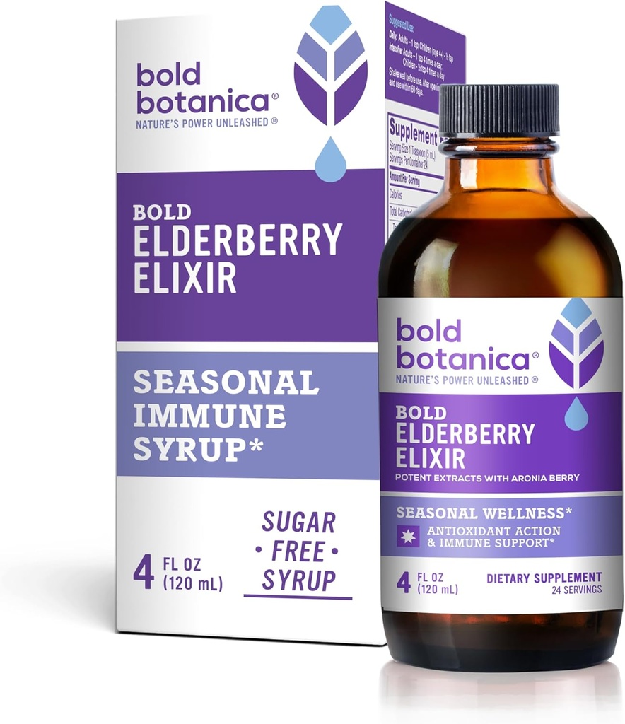 Bold Botanica Elderberry Elixir - 65x Yoğun Tür - Sugar-Free - Kid Friendly - Black Elderberry Syrup with Aronia Berry for Immune Support - 4 Fl. Oz.