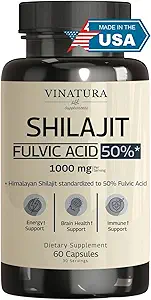 VINATURA Shilajit για άνδρες και γυναίκες - 1000mg κάψουλες καθαρός Ιμαλαΐων Shilajit, τυποποιημένα σε 50% Fulvic Acid - 60 κάψουλες