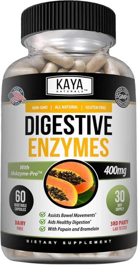 Kaya Naturals Digestive Enzymes with Prebiotics & Probiotics - Δυσκοιλιότητα & Αναπλήρωση Ανακούφιση - Χάπια Διαχείρισης Βάρους για γυναίκες & άνδρες - Βοηθήματα Ανοσοποιητική Λειτουργία - Υποστήριξη Πέψης - 60 Κάψουλες Veggie