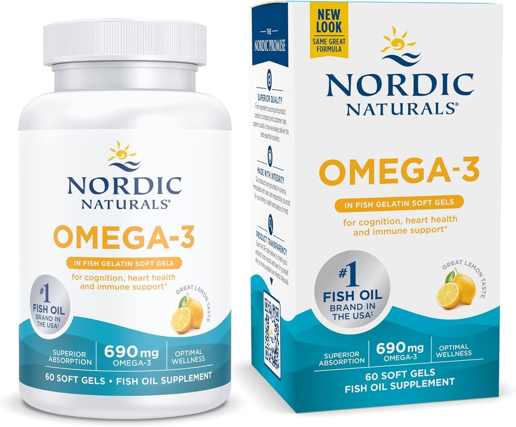 Fish Gelatin, Lemon Flavor - 60 Fish Gels - 690 mg Omega-3 - Fish Oil - EPA & DHA - Immune Support, Brain & Heart Health, Optimal Wellness - Non-GMO - 30 Servisler
