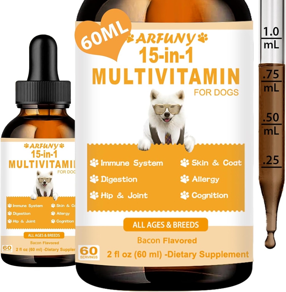 Köpekler için 1 Multivitamin - Köpek Multivitamin Sıvı Desteği Ortak, Gut & Immune Health - Canine Digestion, Heart, Skin & Coat Health - Vitamin Supplements for Puppy - Bacon Flavor