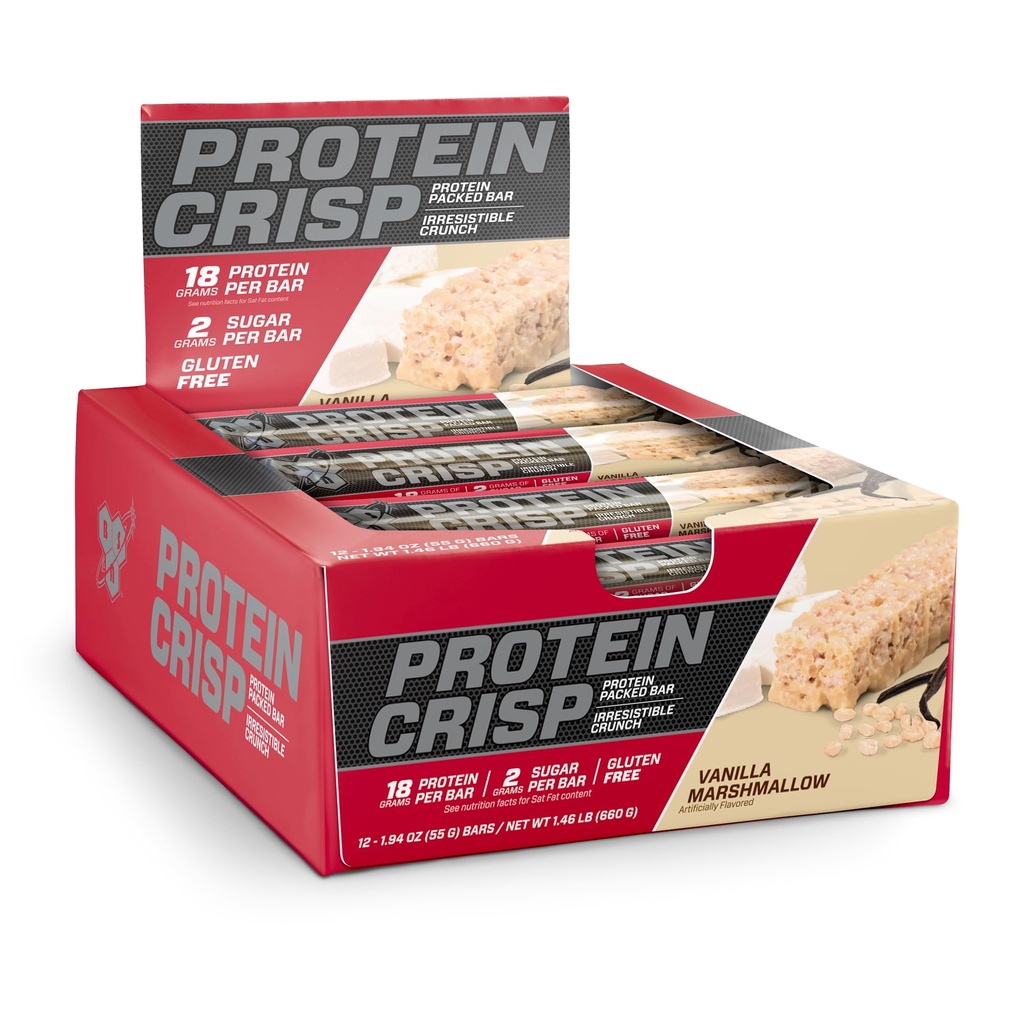 BSN Protein Crisp Bar, Vanilla Marshmallow, 18 Gram Protein Snack Bars with Whey and Fiber, Gluten-Free Crunchy Energy Bars for Workout, Fitness, On-the-Go, 12 Count