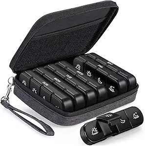 PULIV Haftalık Pill Organizer 4 Times a Day with a Business Şık Bag, Portable Pill Box 7 Day with 28 Karşılaştırmalar for Men, Re estate Pill Sorters to Store Vitamin, Drug, Fish Oil, Supplements