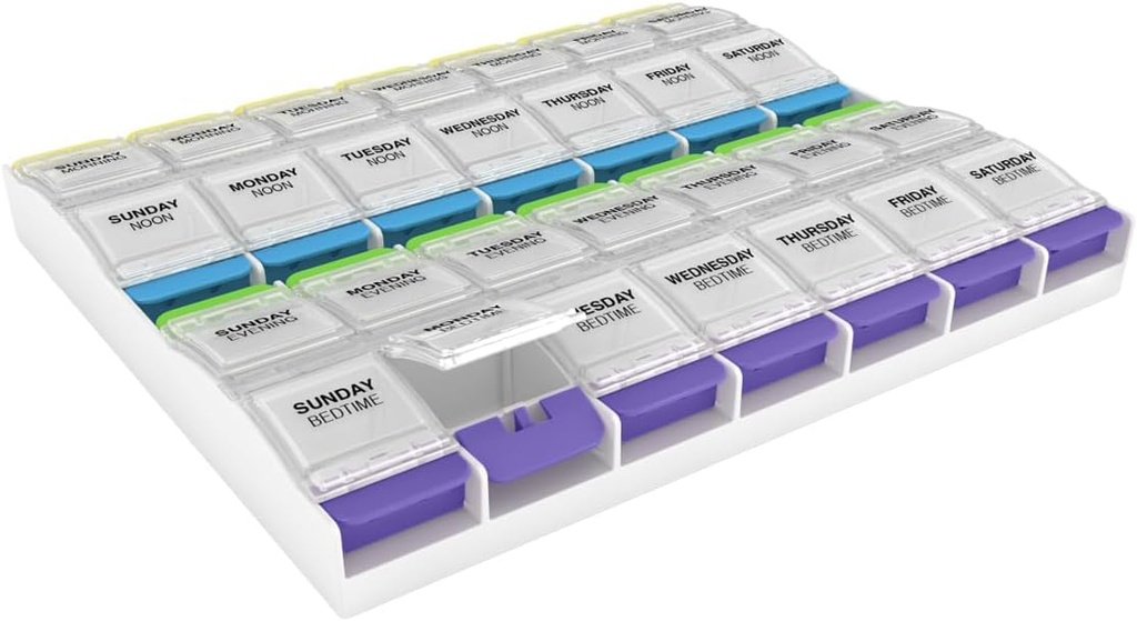 Ezy Do Weeklyse (7-Day) Pill Case, Tıp Planlayıcı, Vitamin Organize Kutu, 3X-Large Push Karşılaştırma Düğmeleri, 4 Times a Day, Clear Lids, BPA Free