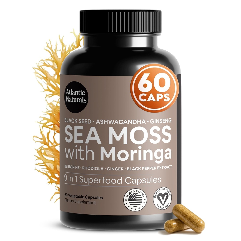 Atlantic Naturals Sea Moss Κάψουλες – Ιρλανδική Θάλασσα Moss με Μαύρο Έλαιο Σπόρου, Ashwagandha, Moringa, Ginseng & Ginger για την ενέργεια, τη ζωτικότητα και την ευεξία – Συμπλήρωμα διατροφής – Κατασκευάζεται στις ΗΠΑ – 60 κάψουλες