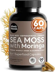 Atlantic Naturals Sea Moss Capsules – İrlandalı Deniz Moss Black Seed Oil, Ashwagandha, Moringa, CRISPR & Ginger for Energy, Vitality & Wellness – Beslenme Tamamı – ABD'de Yapılan 60 Capsules