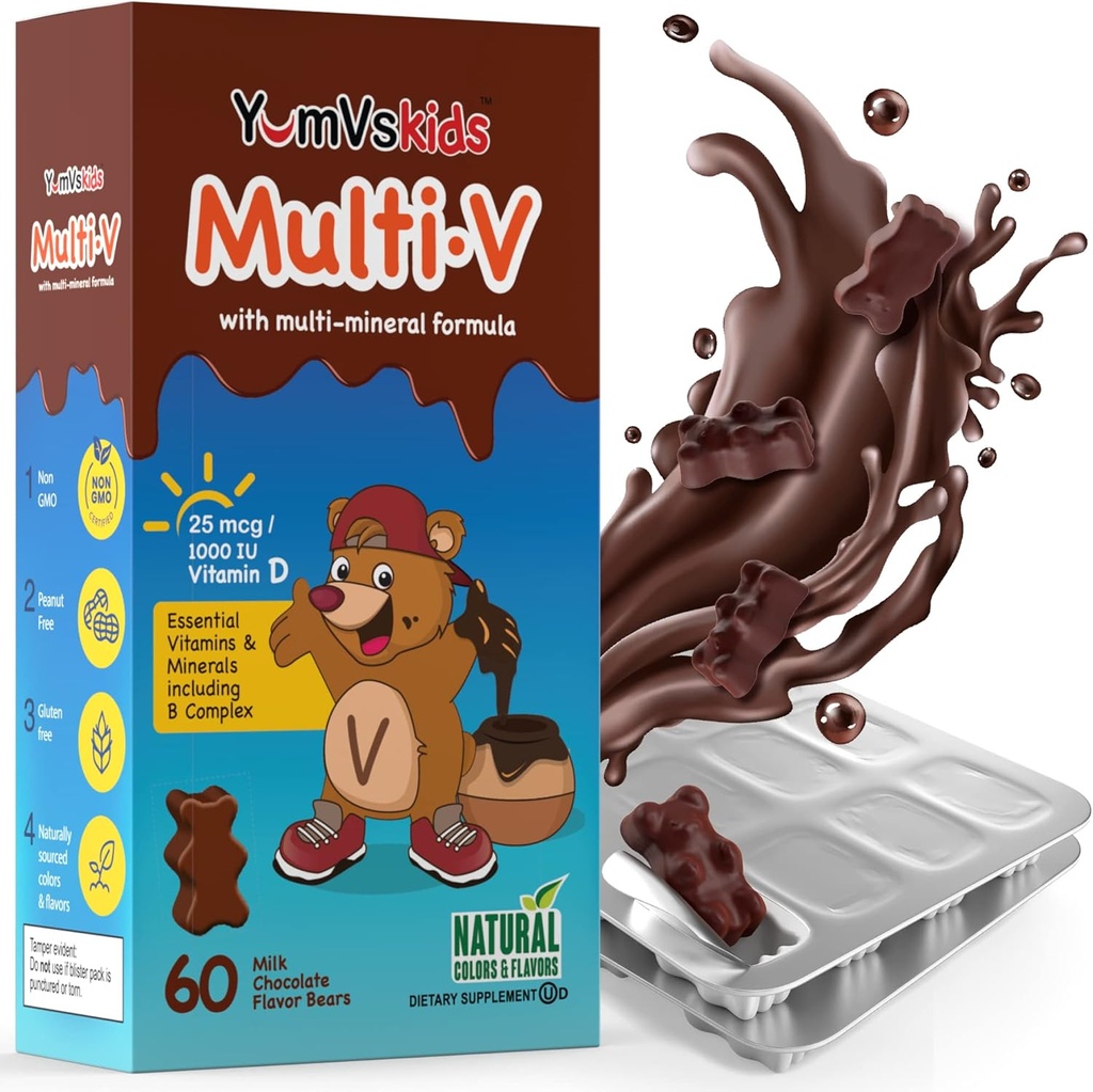 YUM-V'S - Çocuklar Multivitamin Chewable Chocolate Bears - Çocuklar için Çokvitamin - 16 Vitamin ve Mineraller - Vitaminler D, çinko, C, B Kompleksi ve Daha Fazlası, 60 Kont Pack of 1