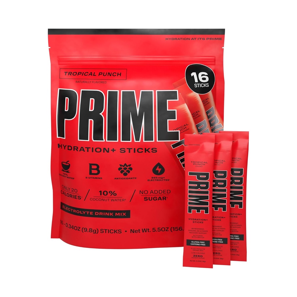PRIME HYDRATION+ Sticks Tropikal Punch / Hydration Toz Tek Servis Sticks | Elyte Toz On The Go | 250 mg BCAAs, B Vitamins, Antioksis | Low Sugar | Caffeine-Free | Vegan | 16 Sticks