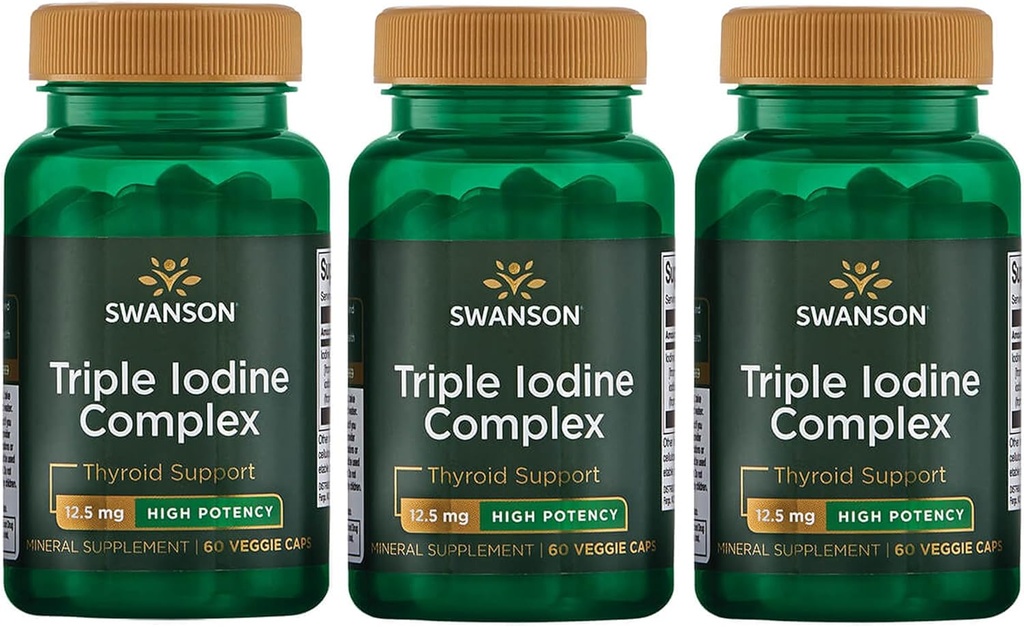 Σουάνσον Τρίκλινο Iodine Σύμπλεγμα-Φυσικό συμπλήρωμα για Ζωτικής Θυρεοειδούς Υποστήριξης-Προωθεί τη μεταβολική λειτουργία, Αυξημένη παραγωγή ερυθρών κυττάρων αίματος, & Heart Health-(60 κάψουλες λαχανικών, 12,5mg έκαστο) (3 Pack)