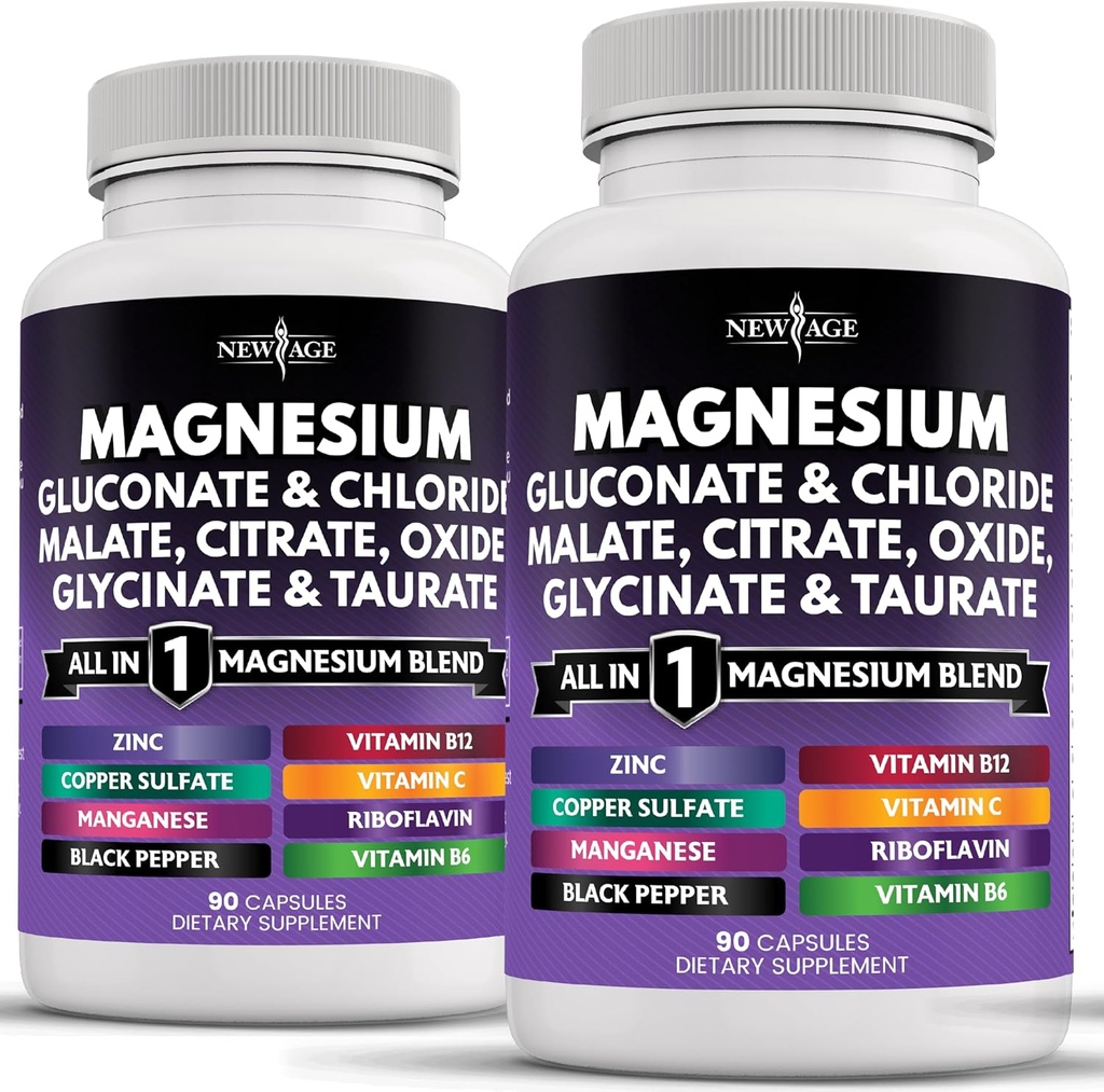 NEW AGE Magnezyum Supplement -Powerful Glycinate Citrate Malate Oksit Taurate Aspartate Gluconate Orotate & Magide Manganese Bone Health and Bone Strength, Joint Support- 180 Count