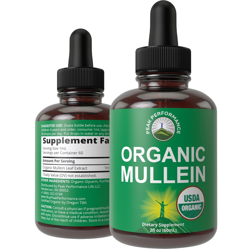 USDA Organic Mullein Leaf Drops for Lungs, αναπνευστική υγεία, Detox, Cleanse. Υψηλή βιοδιαθεσιμότητα για γυναίκες, άνδρες, παιδιά. Συμπλήρωμα υγρής βαφής. Πνεύμονες, Βήχας, Συμφόρηση. Vegan, Μηδέν Ζάχαρη