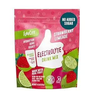 FlavCity Limeade Φράουλα Ηλεκτρολύτες Powder Packets - 28 Hydration Packets - Όχι Προστιθέμενη Ζάχαρη - Ενυδατική Σκόνη με Αληθινό Φρούτο & Ακατέργαστο Αλάτι Θάλασσας - Keto & Gluten-Free (28 Stick Packs)