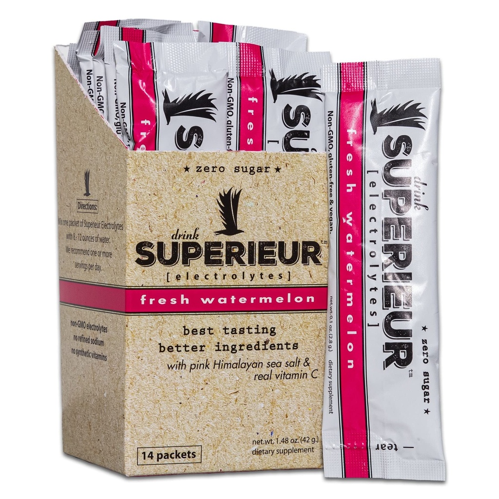 Superieur Electrolyte Powder Packets - Vegan Electrolyte Hydration Powder w/Sea Minerals - Keto Friendly, Non-GMO, Zero Sugar Electrolyte Supplement - Healthy Sports Drink - Καρπούζι (14 Πακέτα)