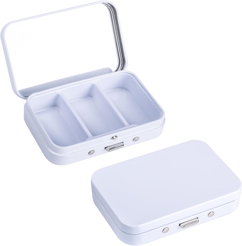 2Pack Pill Box 3 Compartment Pill Case,Portable Metal Travel Pill Box with Mirror for Medicine, Vitamins,Fish Oil and Supplements,Portable Pill Box for Pocket or Purse(White)