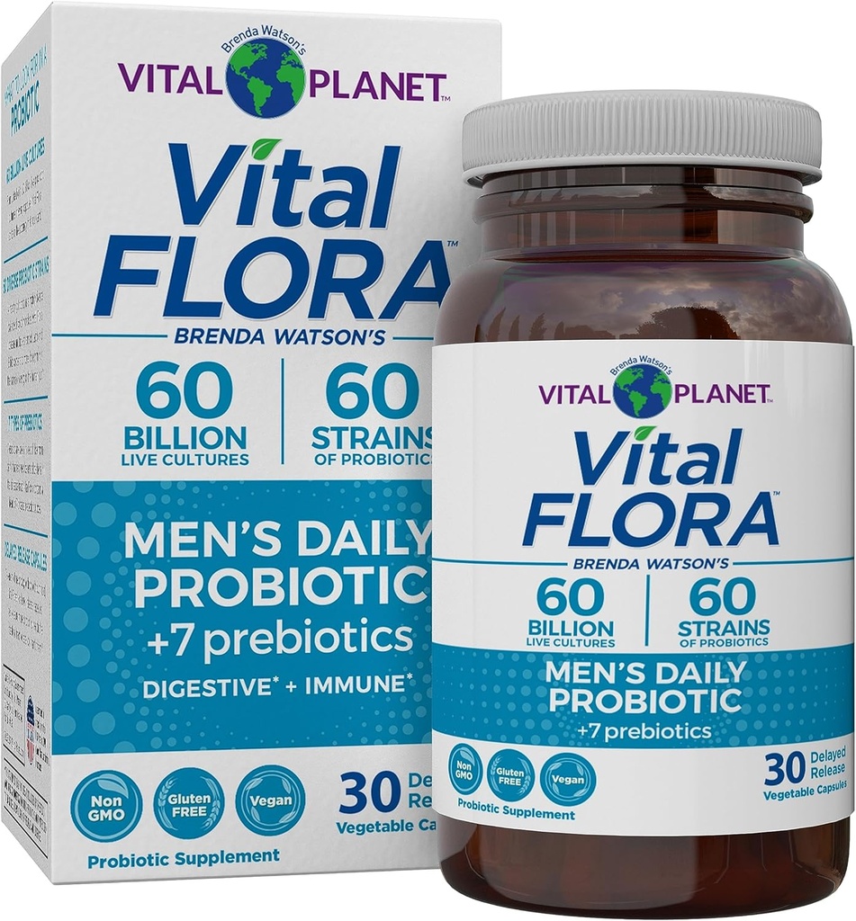 Vital Planet - Vital Flora Men’s Daily Probiotic, 60 Billion CFU, 60 Diverse Strains, 7 Organic Prebiotics, Immune Support, Gas Relief, Colon and Digestive Health Probiotics for Men 30 Capsules