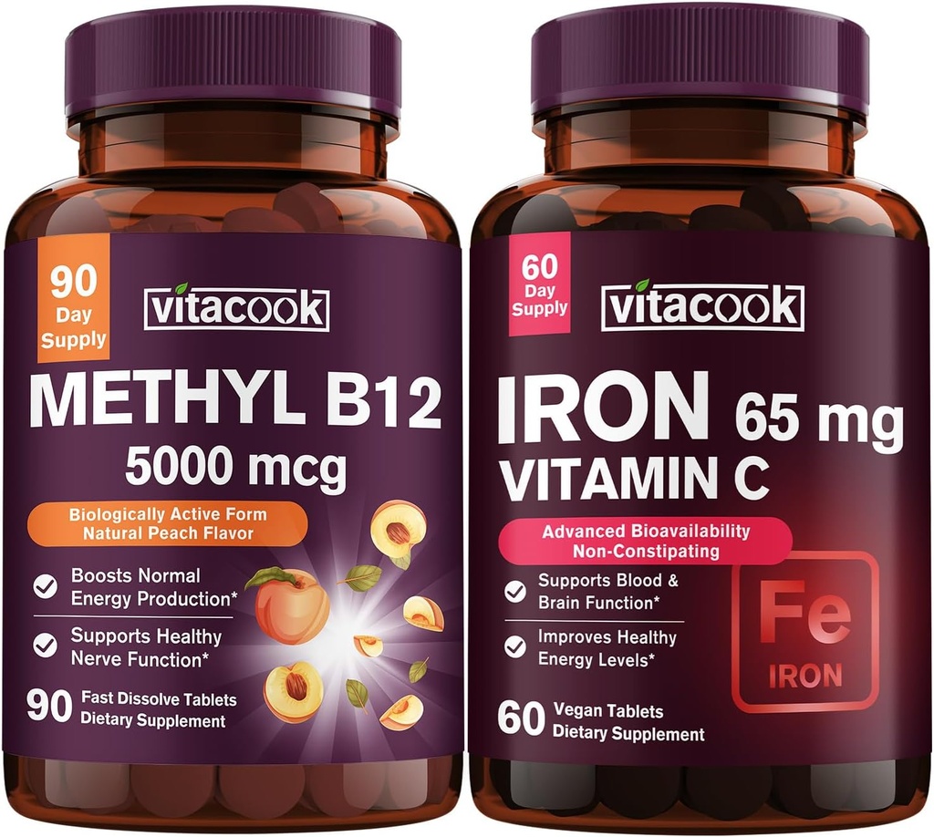 Demir ve Vitamin B12 Sche, 5000 mcg B12, Zero Sugar, Carbonyl Demir C vitamini ile, Stomach'da Nazik