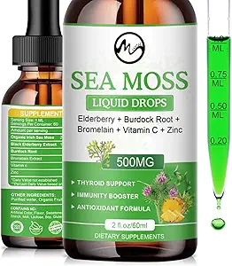Sea Moss Liquid Drops - Irish Sea Moss 2000mg with Elderberry, Burdock Root, Bromelain, C ve çinko - 98 Essential Minerals Seamoss Supplement for Immune, Ortak, Digestion, Aging Support - 2oz