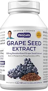 ANDREW LESSMAN Grape Tohumu 60 Capsules - 100 mg Standartlaştırılmış Ekstraksiyon, Anti-oksi, Neutralizes Damaging Free Radikals, Supports Health Circulation. Koruyucu Polifenollerde Zengin