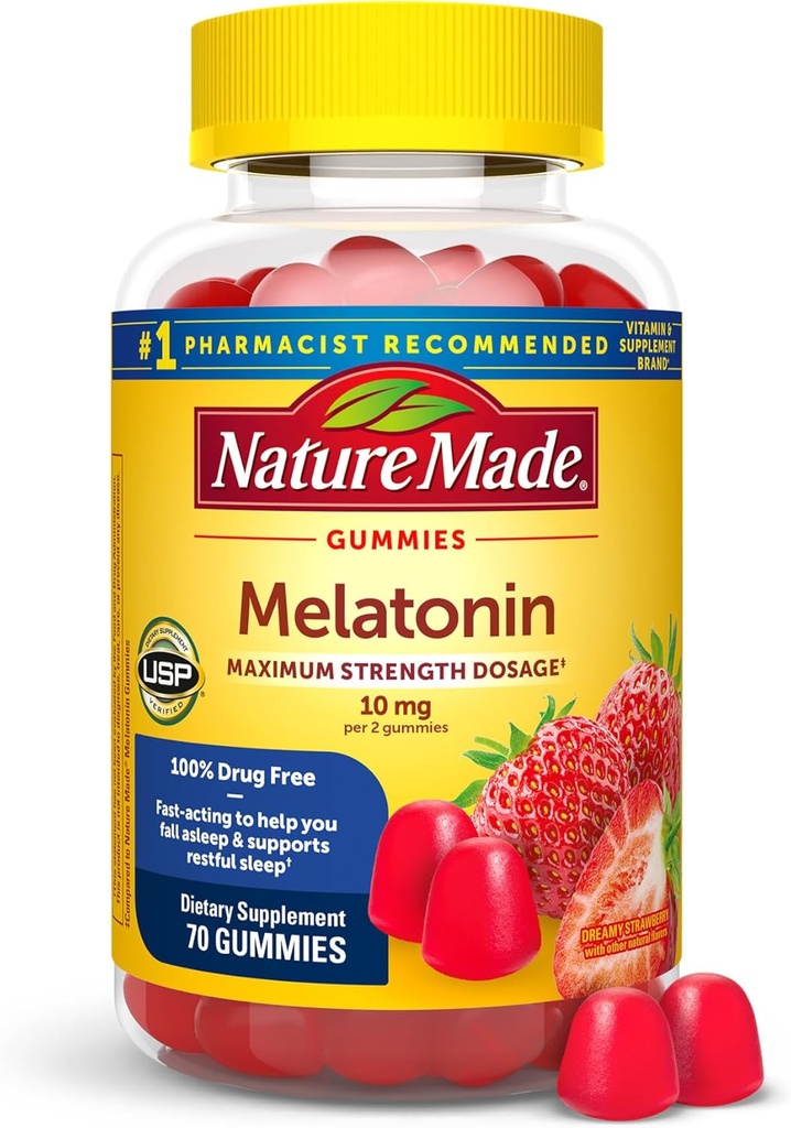 Nature Made Melatonin 10 mg per serve Gummies for Yetişkinler, maximum Strength Dosage Sleep Aid, 100% Drug Free, 70 Kont Melatonin Gummies, 35 Day Supply