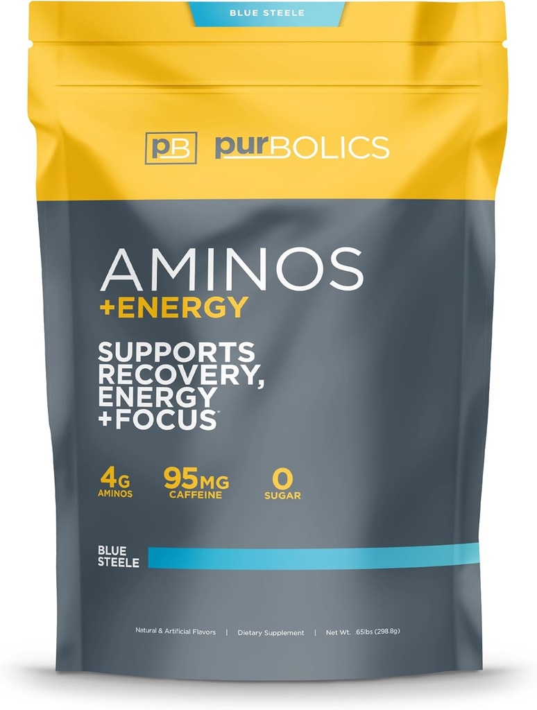Purbolics Aminos + Energy | Supports Recovery, Energy & Focus | 95mg of Caffeine, 0 Calories & 60 Servings (Blue Steele)