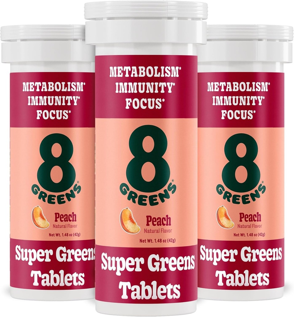 8Greens Supergreens Tabletleri | Super Greens Toz Superfood Tablet, Metabolism Immunity & Focus, Daily Greens Effervescent Tabletleri, Organik: Aloe Vera, Spirulina, Chlorella, Peach, 30 Hizmet