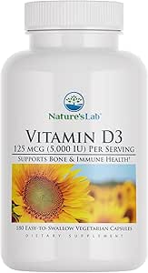 Nature's Lab Vitamin D3 5000 IU 180ct (6 Ay Supply) for Immune Support and Health Bones Gluten Free, Non GMO