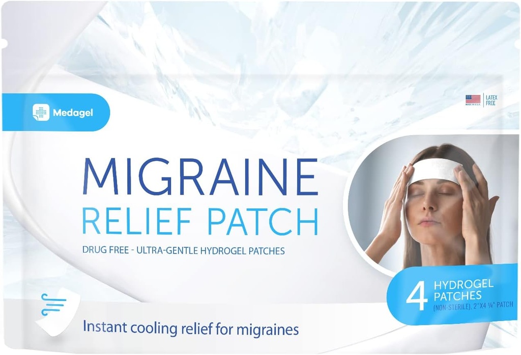 Migraine Relief Patch, Soğutma Patches for Migraine, Fever, Hormonlar, & Headaches, Mess & Odor-Free Hydrogel Soğutma, ABD'de Made, 1 Pack (4 x Patches) Beyaz Beyaz Beyaz