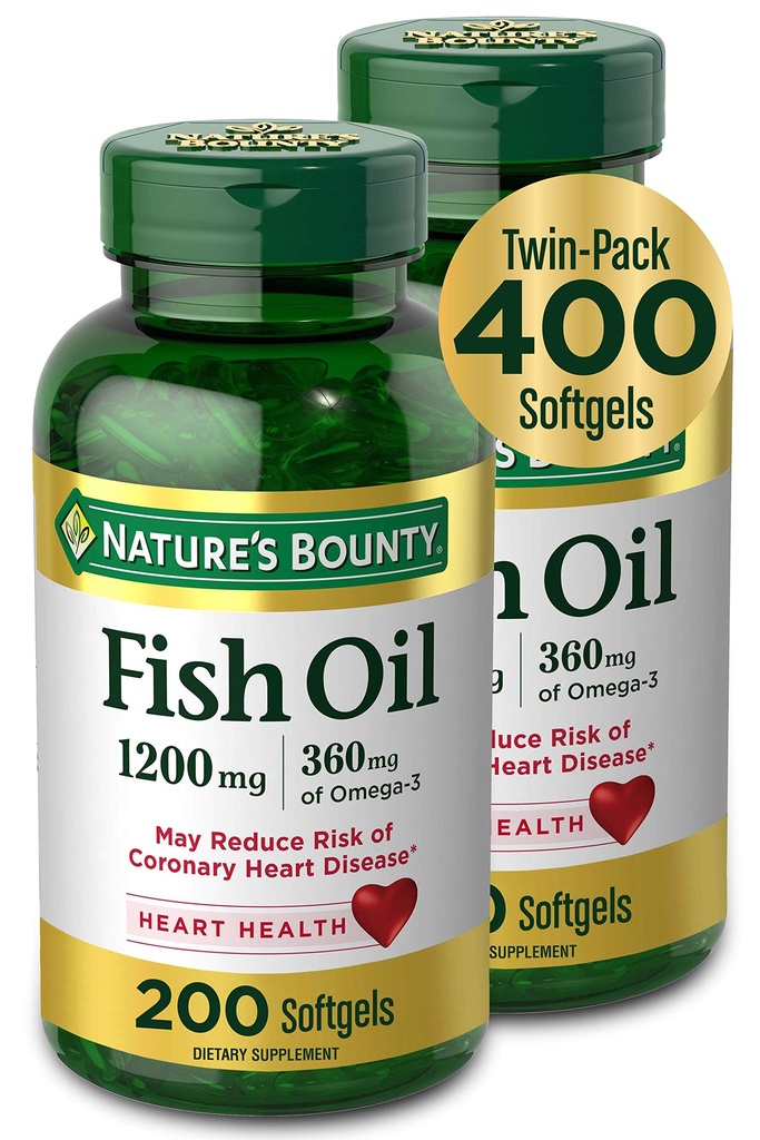 Nature's Bounty Fish Oil, Diyetary Supplement with 360 mg Omega-3, Supports Heart Health, 1200 mg, 200 Softgels (Pack of 2)
