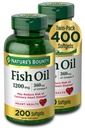 Nature's Bounty Fish Oil, Diyetary Supplement with 360 mg Omega-3, Supports Heart Health, 1200 mg, 200 Softgels (Pack of 2)