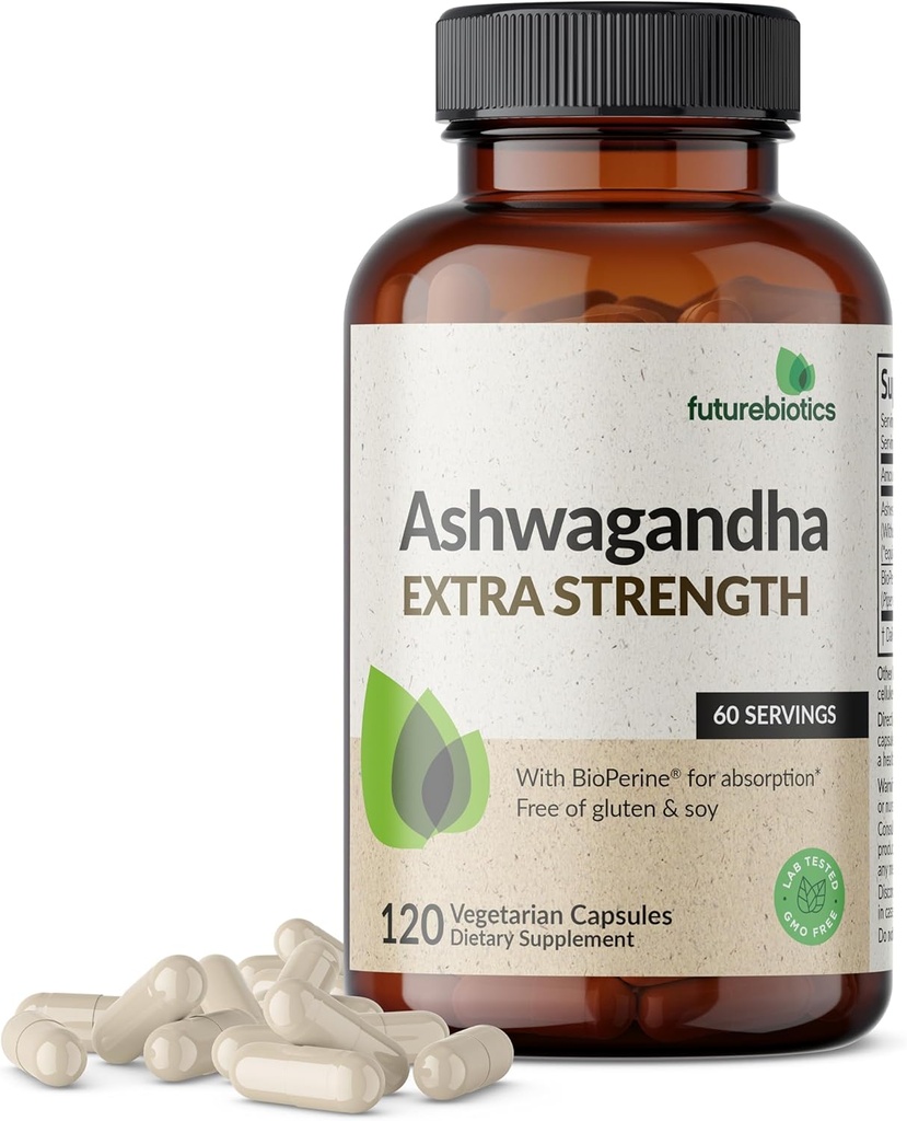 Futurebiotics Ashwagandha Extra Strength Stress & Mood Support with BioPerine - Non GMO Formula, 120 Vegetarian Capsules