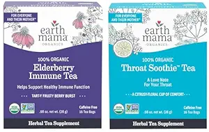 Earth Mama Organic Elderberry Immune Tea + Organic Throat Smoothie™ Tea for Wellness Support | Safe for Breastfeeding, Pregnancy and Kids, 16 Count (Pack of 2)