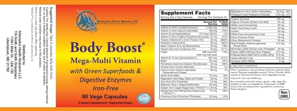 Iron-Free Mega Multivitamin ve Mineral Supplement with Green Superfoods and Digestive Enzymes- Body Boost® by Alternative Health Research
