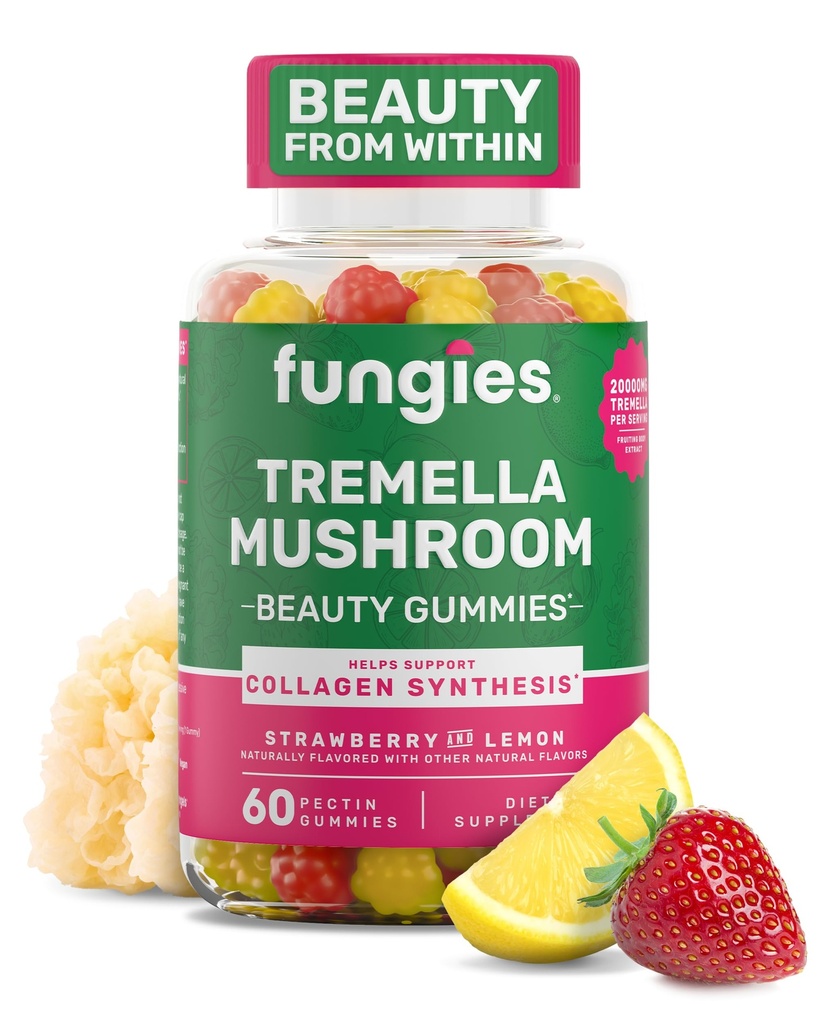 Fungies Tremella Mushroom Gummies, Karma Strawberry & Lemon Flavor - Mushroom Herbal Supplement Gummy for Yetişkinler Supports Collagen Synthesis, Sağlıklı Cilt ve Sağlıklı Ağlama - Beauty Gummies 60 Hizmetler