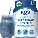 KOS Plant Based Protein Powder, Blueberry Muffin - Organic Pea Protein Superfood with Spirulina and Immune Support Blend. Soy, Gluten, Dairy Free - Vegan Meal Replacement for Women & Men - 15 Servings