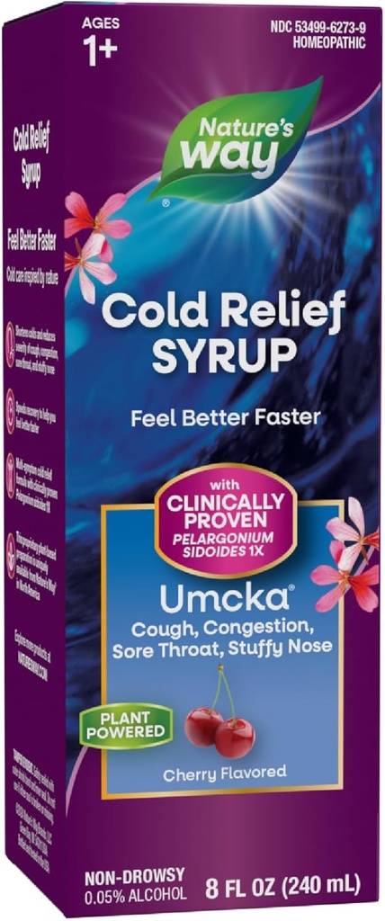 Nature's Way Cold Relief Syrup, Umcka, Shortens Duration & Reduces Severity, Multi-Symptom Cold Relief, Homeopathic, Phenylephrine Free, Non-Drowsy, Cherry Flavored, 8 Fl Oz (Packating Vary)